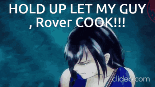 a picture of a girl with a caption that says hold up let my guy rover cook !!!
