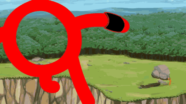a red circle in the middle of a landscape with trees and rocks