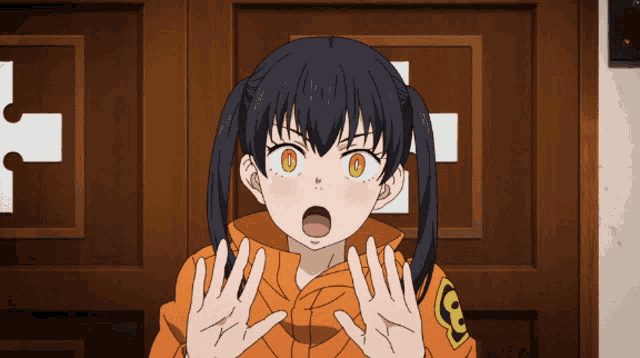a girl with a surprised look on her face is standing in front of a wooden door with a puzzle piece on it