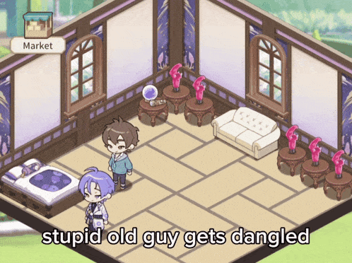 a screenshot of a game with the words stupid old guy gets dangled at the top