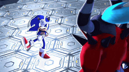 a cartoon of sonic the hedgehog standing in a room