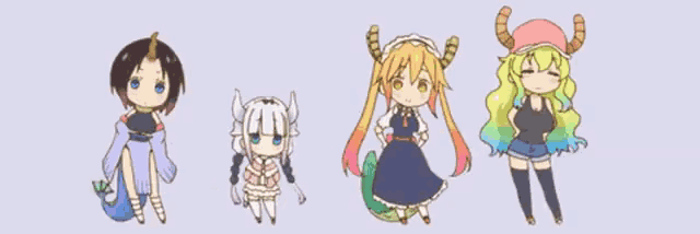 a group of anime characters are standing next to each other on a purple background