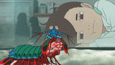 a cartoon drawing of a person looking at a colorful crab