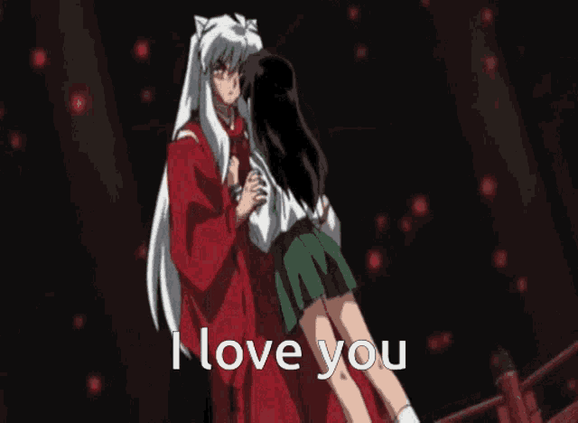 inuyasha is holding a girl in his arms and says i love you .
