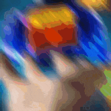 a painting of a person holding a red cube with a blue background