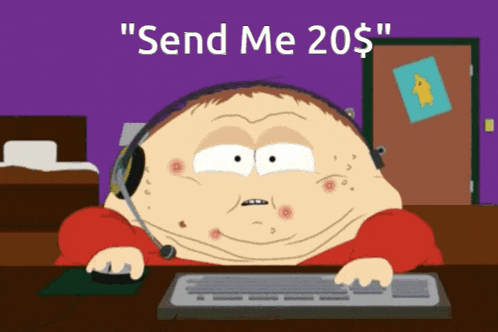 a cartoon character is sitting at a desk with headphones on and the words " send me 20 $ " written above him