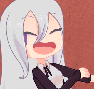 a cartoon girl with long white hair and a bow tie is laughing