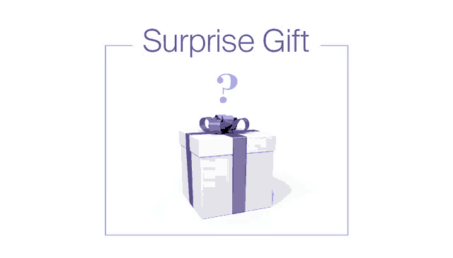 a white gift box with a purple bow and the words surprise gift