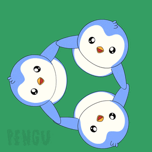 three blue and white penguins are holding hands in a circle with flowers in the background