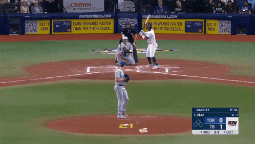 a baseball game is being played in front of a banner that says raysbaseball.com