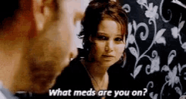 a man and woman are talking to each other and the woman is asking the man what meds are you on .