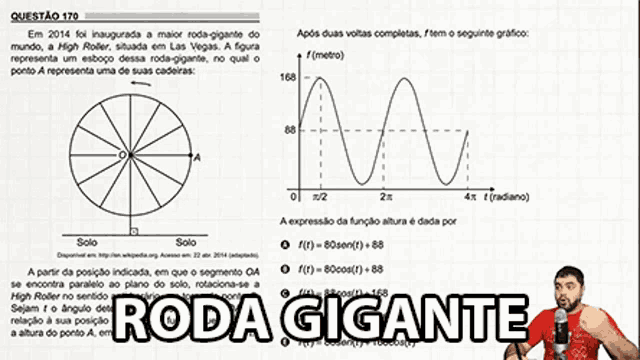 a man in a red shirt is holding a microphone in front of a wheel and a graph that says roda gigante
