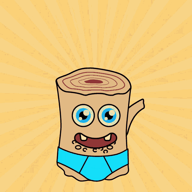 a cartoon drawing of a tree stump with a face and blue underwear