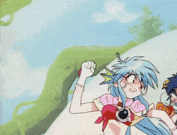 a cartoon of a girl with blue hair and a boy with blue hair