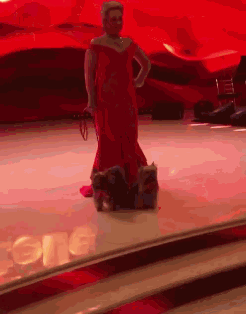 a woman in a red dress is walking a dog