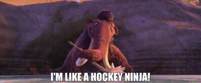 a cartoon character is sitting on the ice and says `` i 'm like a hockey ninja ! ''