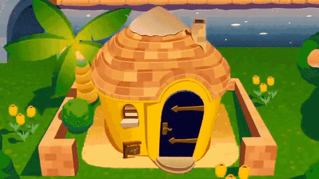 a cartoon illustration of a yellow house with a palm tree in the background .