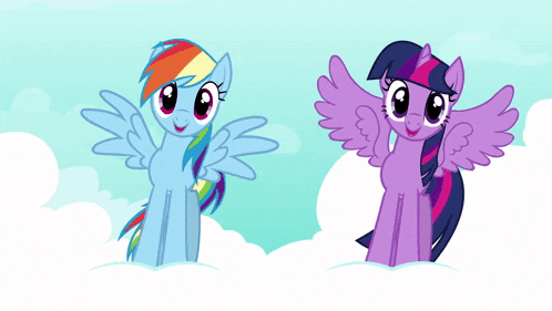 rainbow dash and twilight sparkle are standing next to each other in the clouds
