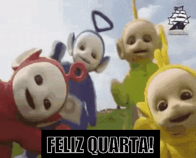 a group of teletubbies standing next to each other with the words feliz quarta in the corner