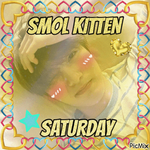 a picture of a boy with smol kitten saturday written on the bottom