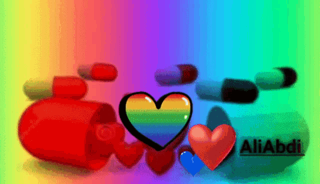 a rainbow heart is surrounded by red and blue hearts and a pill that says aliabad