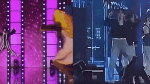 a group of people are dancing on a stage with a purple background