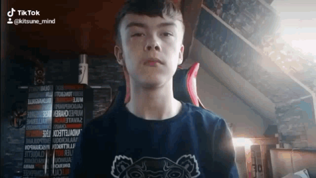 a young man wearing a shirt that says ' kitsune mind ' on it looks at the camera