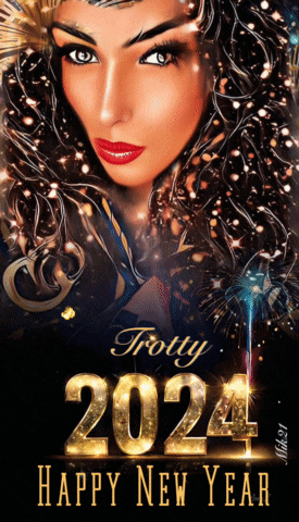 a poster for trotty 2024 happy new year with a woman in the background