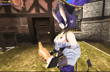 a girl with horns is holding a bottle in a video game
