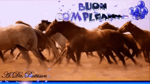 a picture of a herd of horses with the words buon compleanno written above them
