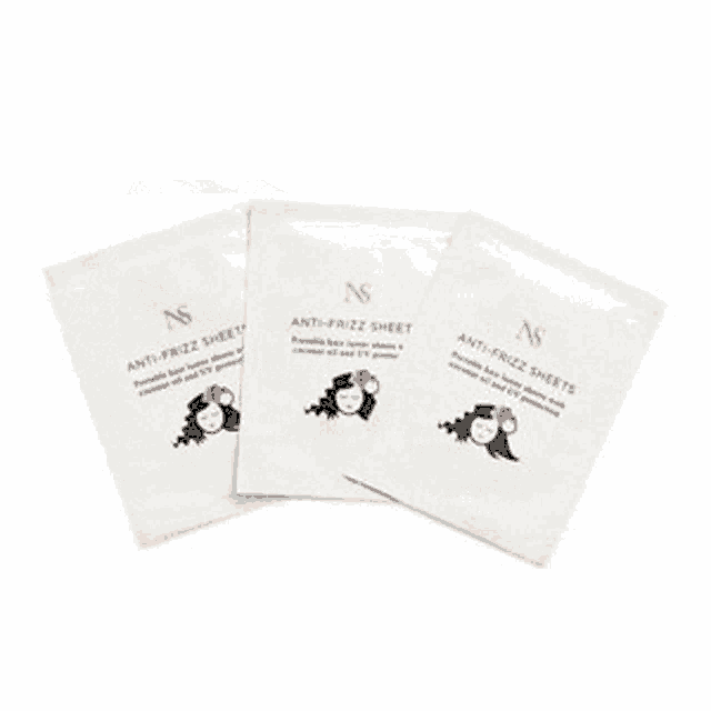 three bags of anti-frizz sheets with a woman on them