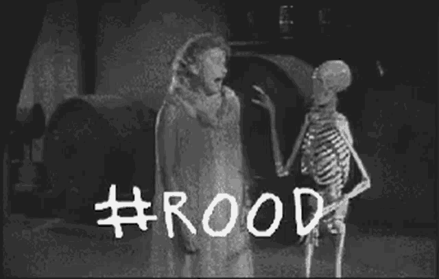a black and white photo of a woman and a skeleton talking to each other .