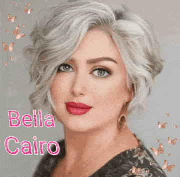 a woman with short white hair is surrounded by butterflies and stars with the name bella cairo on the bottom