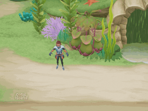 a video game called coral island shows a man standing in the grass