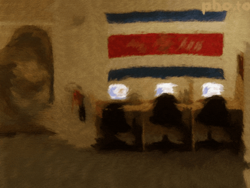 a painting of people sitting in front of computers with the word photo in the bottom right