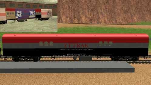 a red and black train car with the word zt trak on it
