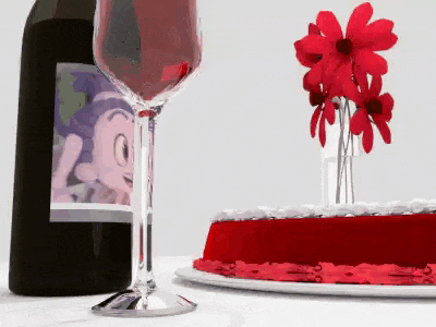 a bottle of wine sits next to a cake and a glass of wine