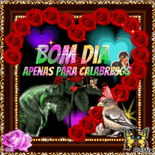 a picture of a wolf surrounded by red roses with the words bom dia apenas para calabresos