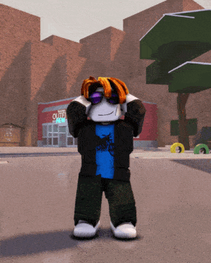 a roblox character wearing sunglasses stands in front of a store that says outlet