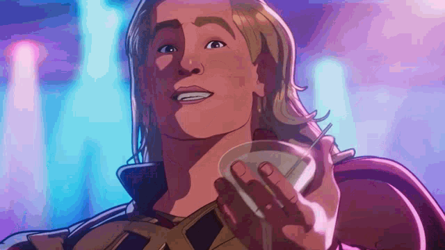 a cartoon of thor holding a drink with a straw in his hand
