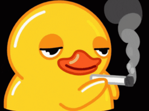 a yellow rubber duck is smoking a cigarette with smoke coming out of it