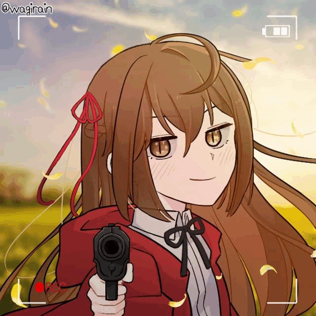a drawing of a girl holding a gun with a red rec button