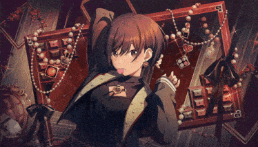 a girl is standing in front of a display of pearls and hearts