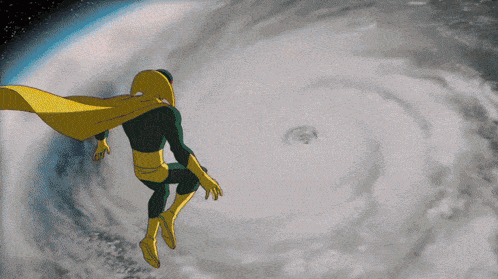 a cartoon of a superhero with a yellow cape flying through the air