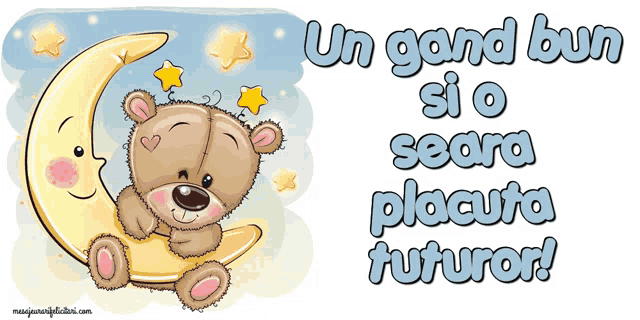 a teddy bear sitting on a crescent moon with the words " un gand bun si o seara placuta futuror "