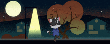 a cartoon drawing of a cat standing in front of a street light
