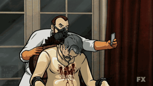 a man in a gas mask is taking a picture of another man with fx on the bottom right