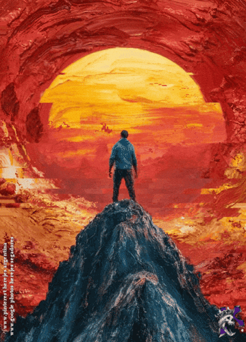 a painting of a man standing on top of a rocky mountain
