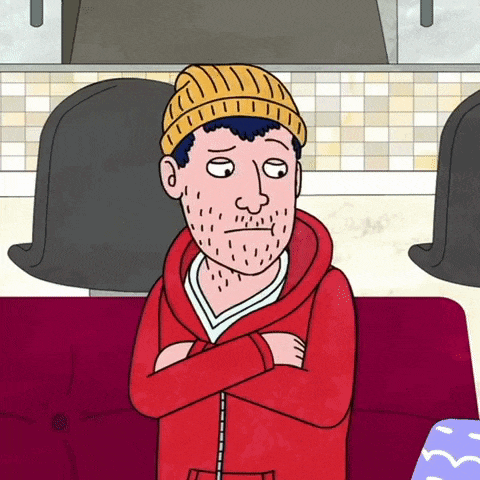 a cartoon of a man with a beard wearing a red hoodie and a yellow hat