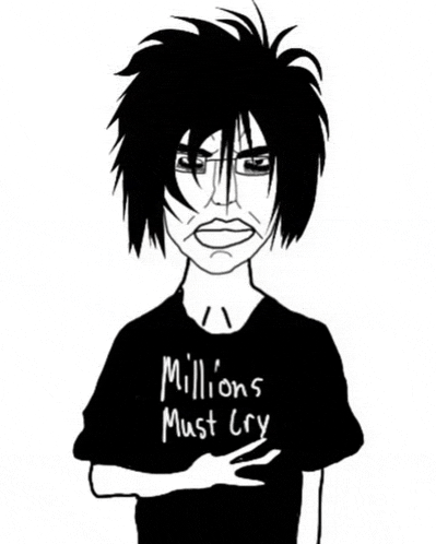 a black and white drawing of a man wearing a black shirt that says millions must cry